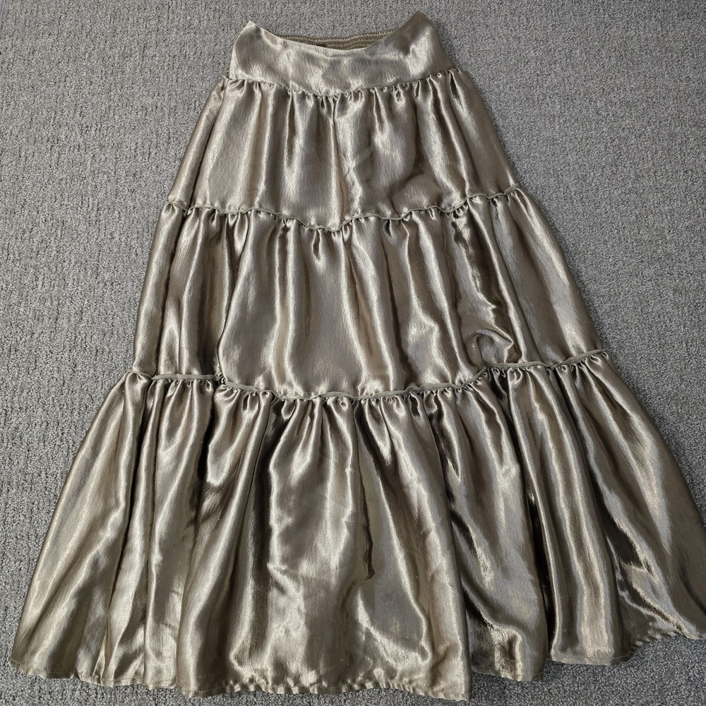 Free People Moonbeam Tiered Satin Maxi Skirt Sz XS Pull On Elastic Waist Gold
